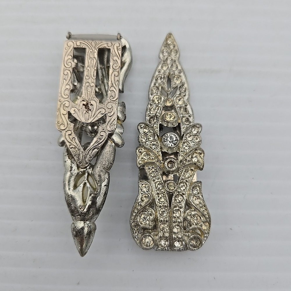 Vintage Silver Tone Rhinestone Scarf Clips Art Deco Dress Clips Set